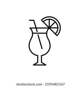 Cocktail glass with straw and slice of lemon. Bar drinks on holidays and beach vacations. Pixel perfect, editable stroke vector icon