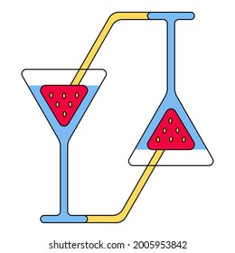 Cocktail glass with strawberry and tube. All are in triangular shape with rounded edges, vector icon of two mirrored glasses