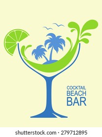 Cocktail glass with stylized wave splashes and palms. Beach bar or summer cocktail party design