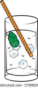 Cocktail glass. summer cocktail glass with ice and mint leaf and straw. line art. line art illustration.