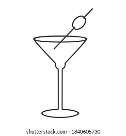 Cocktail glass symbol, black outline contour icon, alcoholic drink, dry Martini with with olive, isolated element, white background, vector illustration