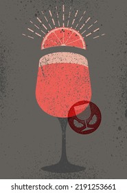 Cocktail glass typographical vintage style grunge poster or menu design with stylized red stamp and citrus slice. Retro vector illustration.