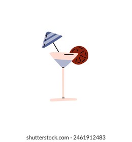 Cocktail glass with umbrella and fruit slice. Margarita beverage, martini drink vector flat illustration. Bar alcohol cocktail, party drink icon isolated on white background