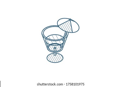 cocktail glass umbrella, juice drink, isometric icon. 3d vector illustration. Isolated line art technical drawing. Editable stroke