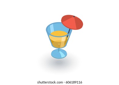 cocktail glass umbrella, juice drink, isometric flat icon. 3d vector colorful illustration. Pictogram isolated on white background