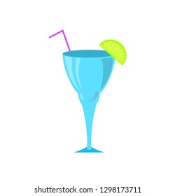 Cocktail in glass vector, drinks served with cut lime and straw. Liquor for partying, alcoholic beverage with fresh ingredients, refreshing juice liquid