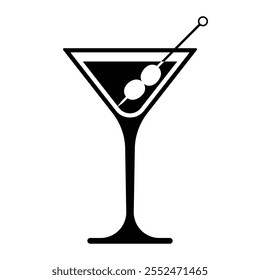 Cocktail glass vector icon. Martini glass with olive alcoholic cocktail. Black silhouette isolated on white background.