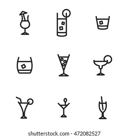 Cocktail glass vector icons. Simple illustration set of 9 cocktail glassr elements, editable icons, can be used in logo, UI and web design