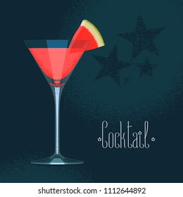 Cocktail glass with watermelon and red color drink vector illustration. Design element, clipart with alcohol cocktail in martini goblet 