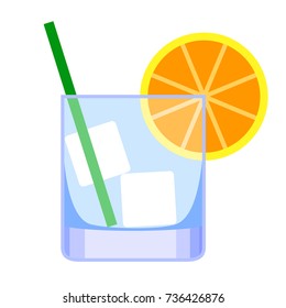 Cocktail. A glass for whiskey colored with a green straw for drinking and a yellow lemon. Beverage Tube and Orange