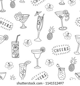 Cocktail glasses black on a white background with Cheers lettering, pineapples, and hibiscus flowers. Monochrom seamless vector pattern. Great for backgrounds, restaurant bar menues, bar decorations.