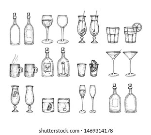 Cocktail and glasses - black and white drawings