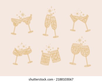 Gafas de cóctel se animan por prosecco, vino, whisky, vermouth, gin, martini, aperol, margarita en línea plana moderna dibujando sobre fondo beige