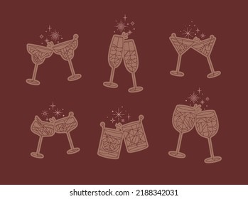 Cocktail Glasses Cheers For Prosecco, Wine, Whiskey, Vermouth, Gin, Martini, Aperol, Margarita In Modern Flat Line Style Drawing On Red Background