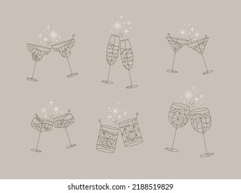 Cocktail Glasses Cheers For Prosecco, Wine, Whiskey, Vermouth, Gin, Martini, Aperol, Margarita In Modern Flat Line Style Drawing On Gray Background