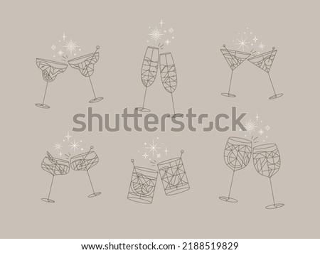 Cocktail glasses cheers for prosecco, wine, whiskey, vermouth, gin, martini, aperol, margarita in modern flat line style drawing on gray background