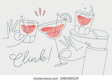 Cocktail glasses cheers for whiskey, vermouth, gin, martini, aperol, margarita in modern flat line style on beige background