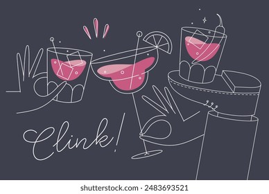 Cocktail glasses cheers for whiskey, vermouth, gin, martini, aperol, margarita in modern flat line style on dark background