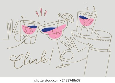 Cocktail glasses cheers for whiskey, vermouth, gin, martini, aperol, margarita in modern flat line style on beige background