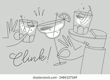 Cocktail glasses cheers for whiskey, vermouth, gin, martini, aperol, margarita in modern flat line style on grey background