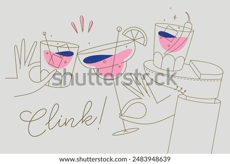 Cocktail glasses cheers for whiskey, vermouth, gin, martini, aperol, margarita in modern flat line style on beige background