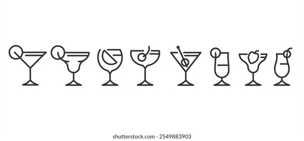 Cocktail glasses and classic alcoholic cocktails vector icon. Simple cocktails icon set. Thin line icon set. Symbol collection in transparent background. Editable vector stroke. Eps10.