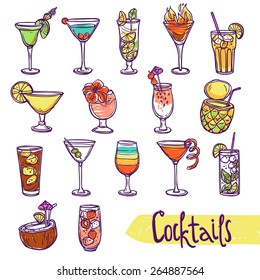 Cocktail Glasses Cold Summer Party Refreshment Sketch Set Isolated Vector Illustration