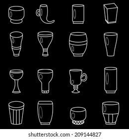Cocktail glasses collection, glasses goblets, white lines icons set on black background,  vector illustration