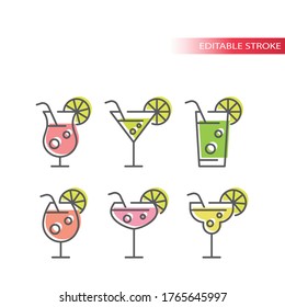 Cocktail glasses colorful vector icons set. Martini, mojito, margarita cocktails with straw and lemon slice, outline editable stroke icon set.