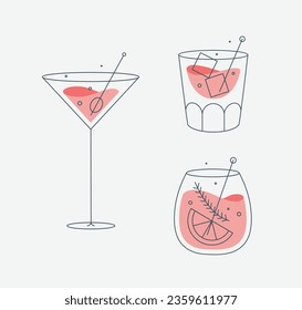 Cocktail glasses cosmopolitan whiskey old fashioned drawing in flat line style on dark blue background