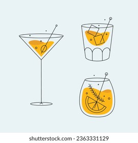 Cocktail glasses cosmopolitan whiskey old fashioned drawing in flat line style on light background