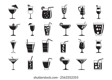 cocktail glasses drinks alcohol bar icons set vector. iced wine martini, party vodka cup, margarita drink, mojito juice, champagne lemon cocktail glass, bar alcohol drink black illustration