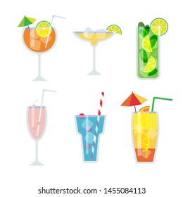 Cocktail glasses flat vector illustration. Set of alcoholic drinks with ice cubes and lemons. Party in the club. 