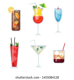 Cocktail glasses flat vector illustration. Set of alcoholic drinks with ice cubes and lemons. Party in the club. 