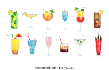 Cocktail glasses flat vector illustration. Set of alcoholic drinks with ice cubes and lemons. Party in the club. 