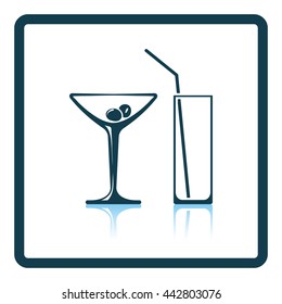 Cocktail glasses icon. Glossy button design. Vector illustration.