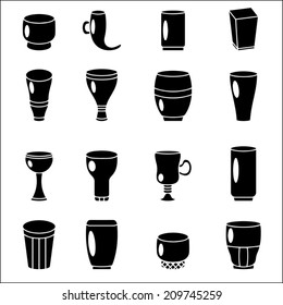 Cocktail glasses icons set, glasses goblets collection, isolated black on white  background, vector illustration