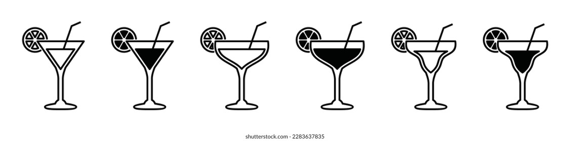 Cocktail glasses icons vector set in line and flat style. Alcohol, juice, beer, margarita, margarita, lemon drink icons with straw, vector illustration