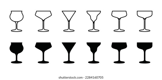 Cocktail glasses icons vector set in line and flat style. Alcohol, juice, beer, margarita, margarita, lemon drink icons, vector illustration