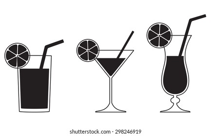 Cocktail glasses isolated on white background. Drinks icons set. Vector illustration of alcoholic beverage.