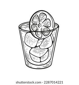 Cocktail in glasses with lemon slice and ice cubes engraving style sketch art vector illustration isolated on white background.