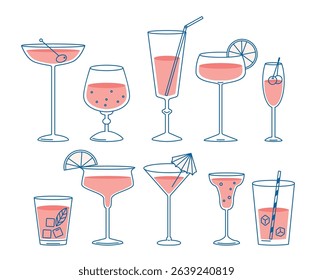 Cocktail glasses line art isolated set with different alcoholic beverages and non-alcohol drinks vector illustration. Bar menu vector illustration. Variety of filled glassware linear collection