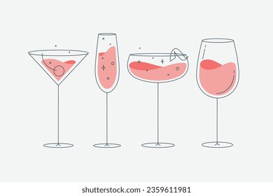 Cocktail glasses manhattan champagne wine daiquiri drawing in flat line style