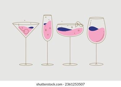 Cocktail glasses manhattan champagne wine daiquiri drawing in flat line style on beige background