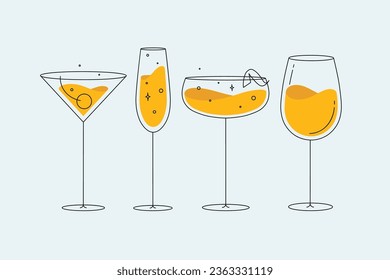 Cocktail glasses manhattan champagne wine daiquiri drawing in flat line style on light background