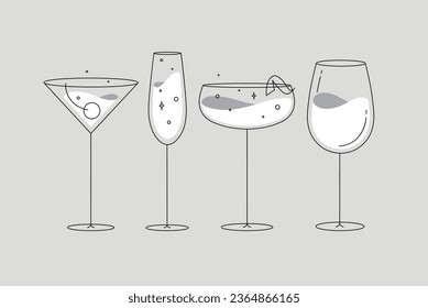 Cocktail glasses manhattan champagne wine daiquiri drawing in flat line style on grey background