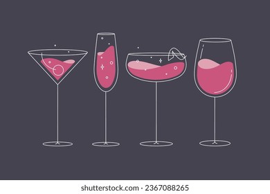 Cocktail glasses manhattan champagne wine daiquiri drawing in flat line style on dark blue background