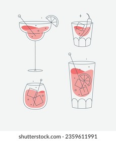 Cocktail glasses margarita whiskey long island old fashioned drawing in flat line style