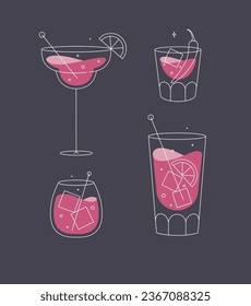 Cocktail glasses margarita whiskey long island old fashioned drawing in flat line style on dark blue background