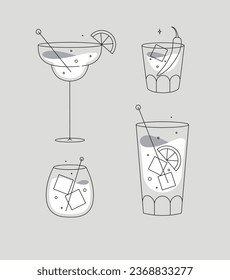 Cocktail glasses margarita whiskey long island old fashioned drawing in flat line style on grey background